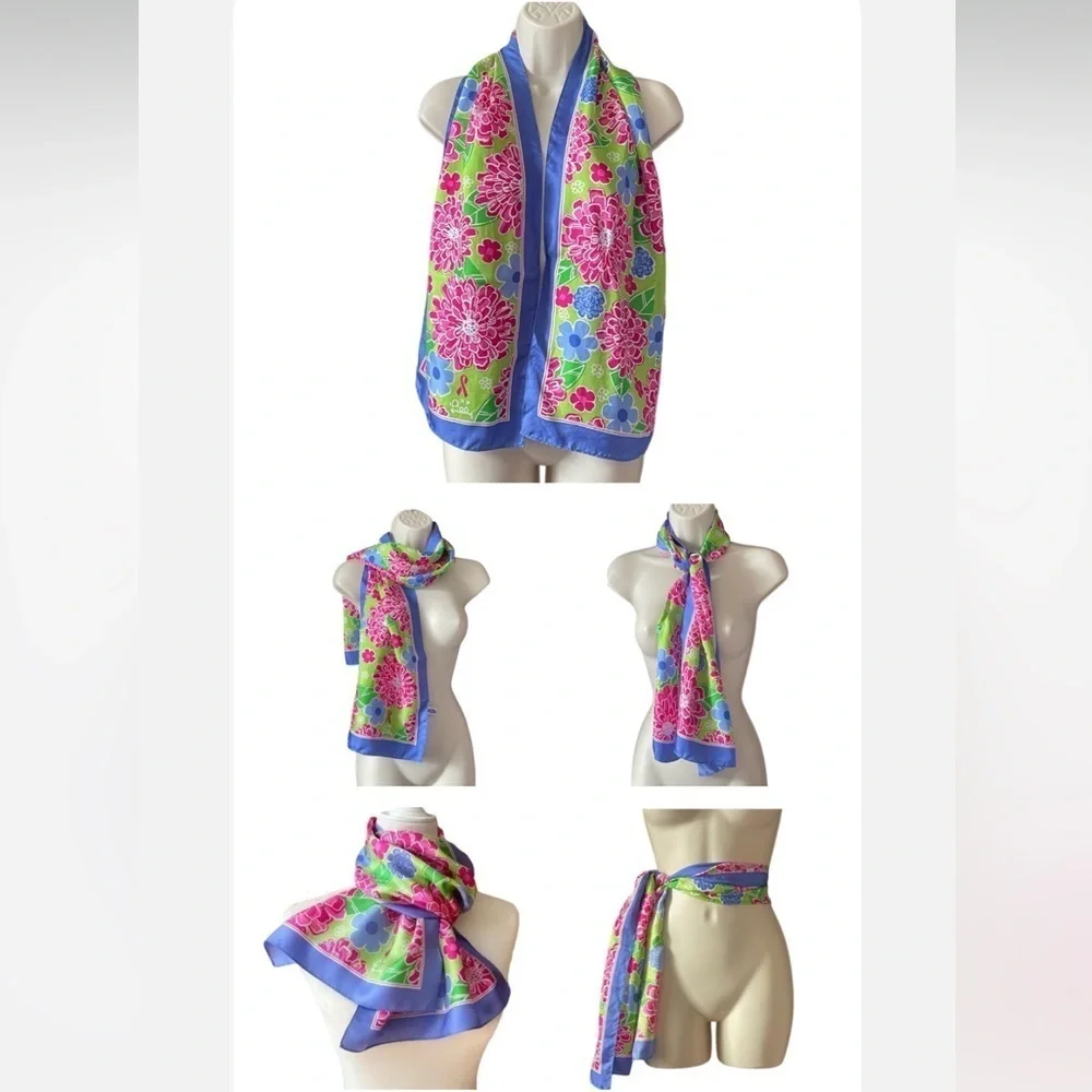 Lilly Pulitzer 100% Silk Ford Floral Scarf Blue Pink Cancer Awareness Versatile